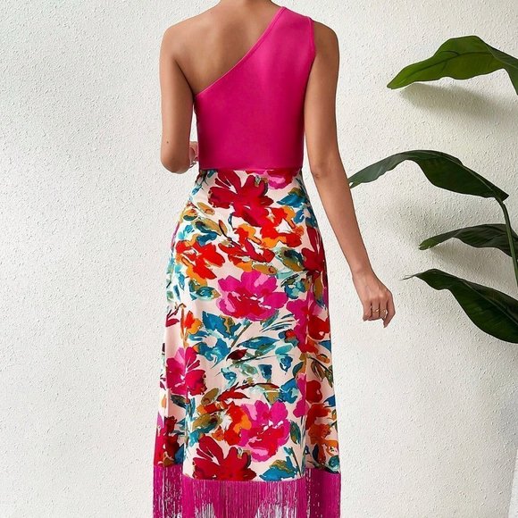 Boho  Floral Print One Shoulder Fringe Hem Dress - Picture 3 of 5